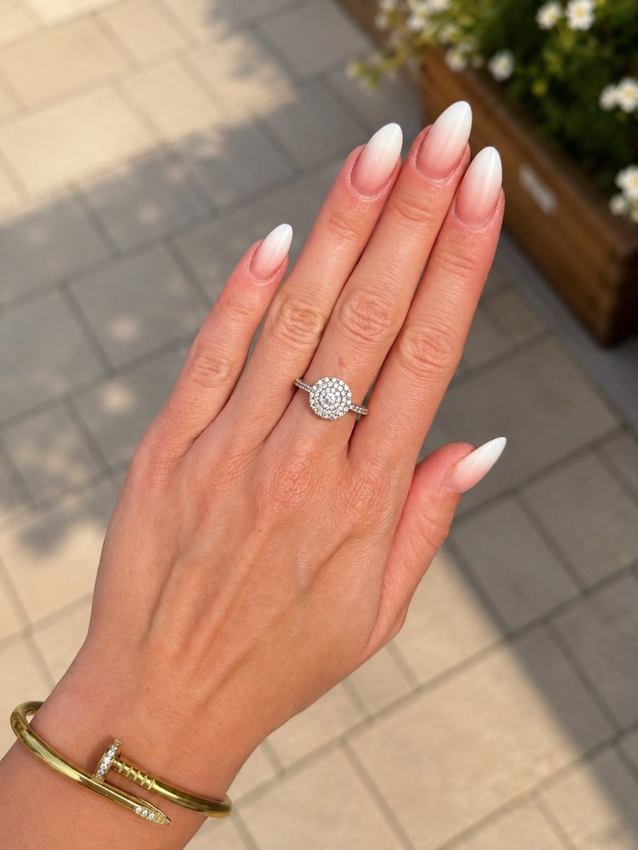 Elegant white almond ombré nails by Lotus Studio