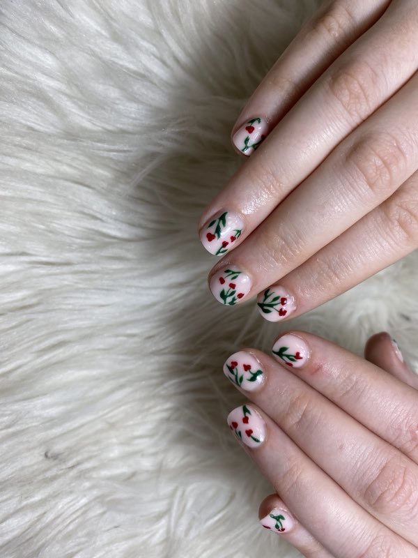 Delicate cherry and floral nail art
